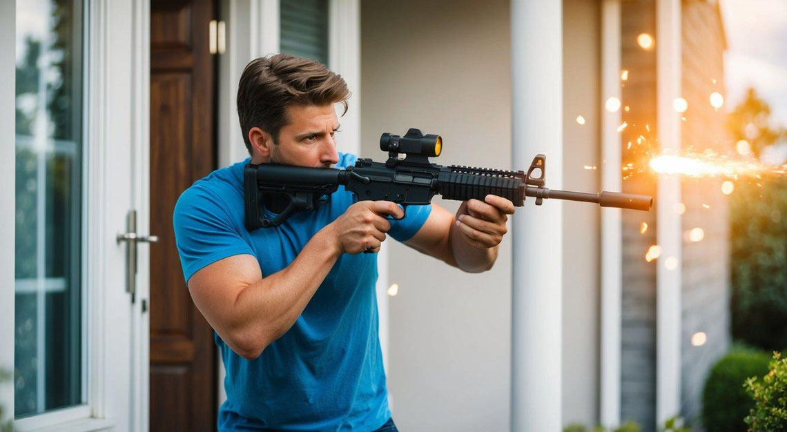 A person defending their home with a weapon against an intruder