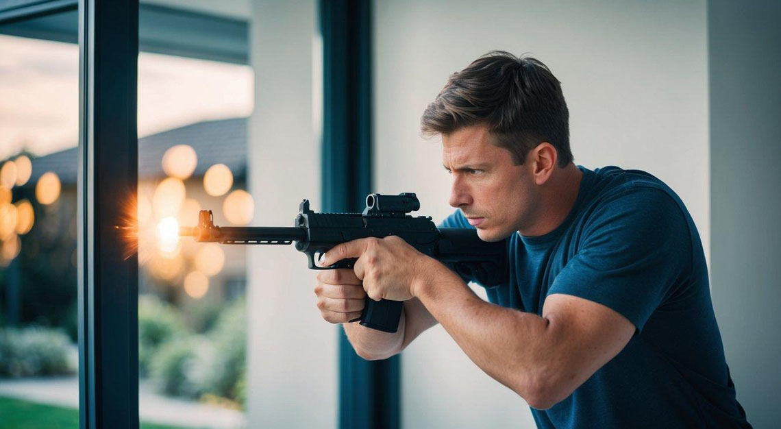 A person defending their home with a weapon, confronting an intruder