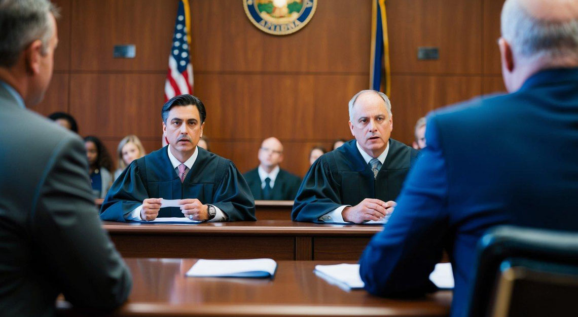 A courtroom with a defense attorney presenting evidence of self-defense in Arizona, emphasizing the burden of proof