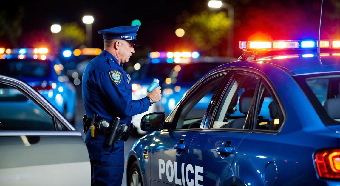 A car pulled over by police at night, with flashing lights and a breathalyzer test being administered