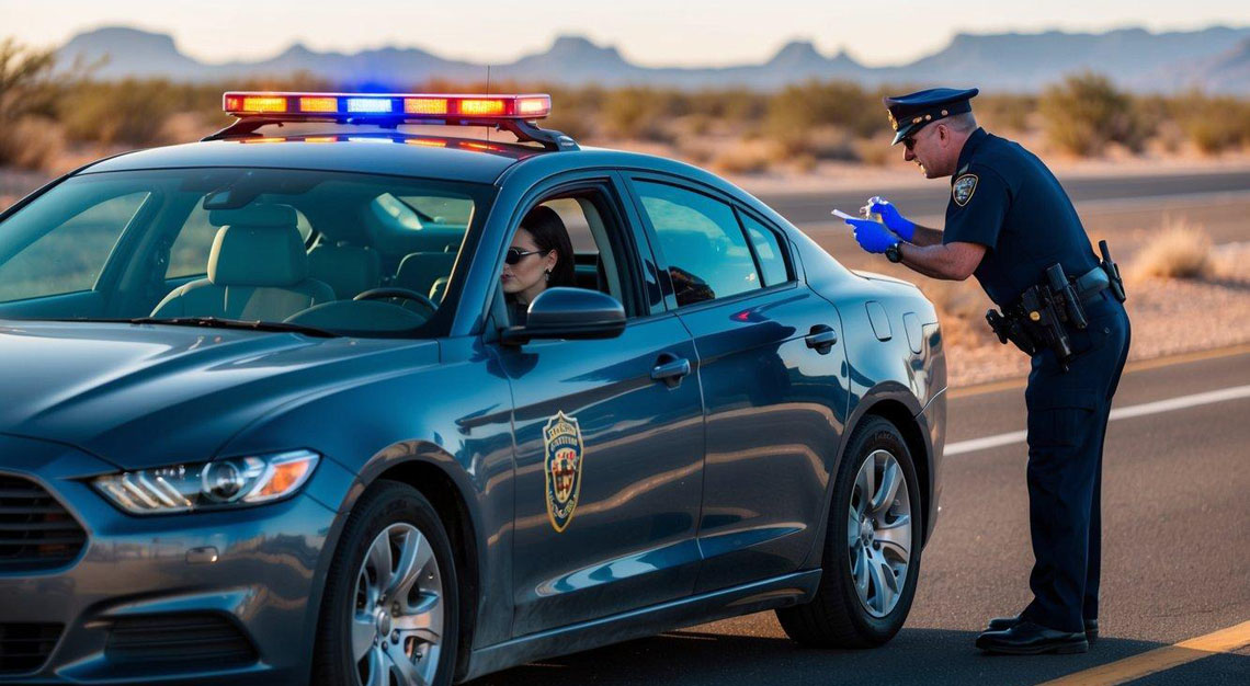 A car being pulled over by a police officer on a desert highway in Arizona. The officer is administering a field sobriety test to the driver