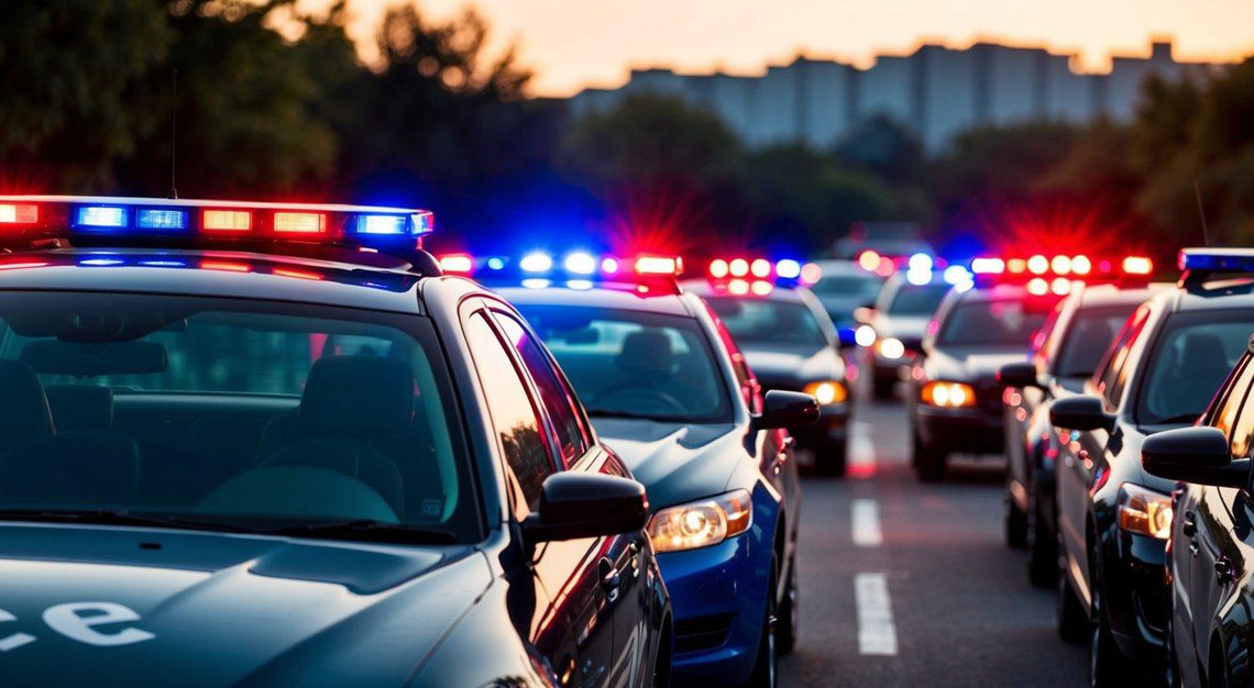A car pulled over by police with red and blue lights flashing