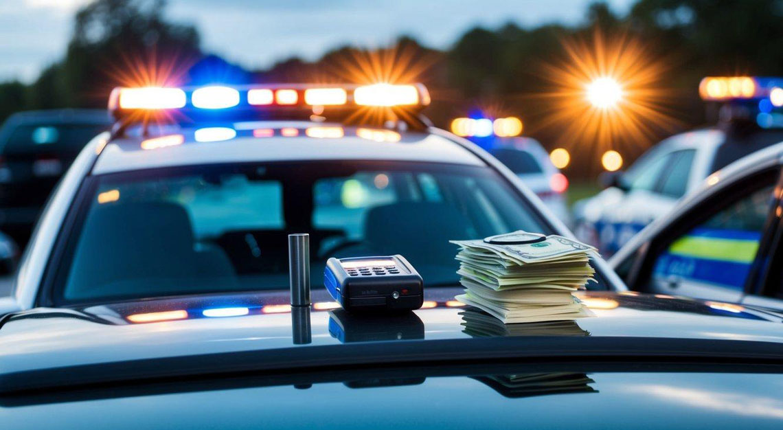 A car pulled over by police, surrounded by flashing lights, with a breathalyzer and a stack of bills on the dashboard